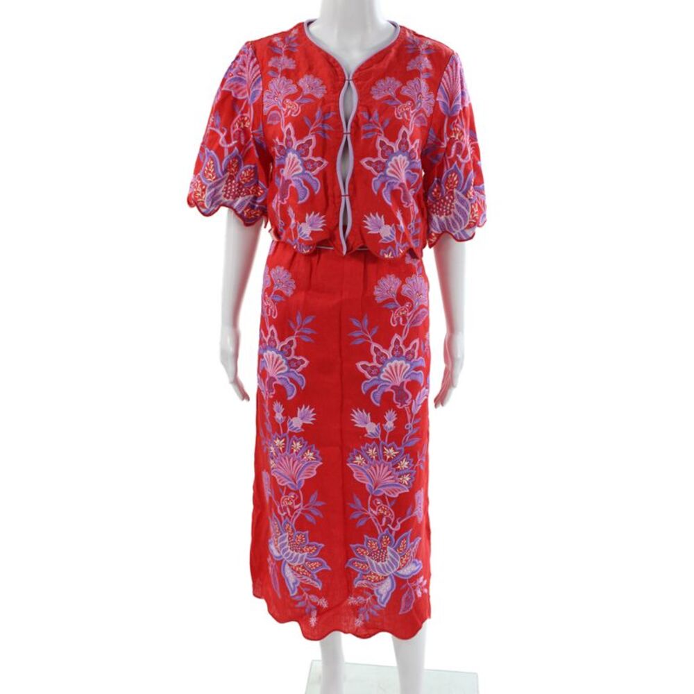 Farm Rio Women Multicolor Linen Floral Skirt Set Short Sleeve Size M
